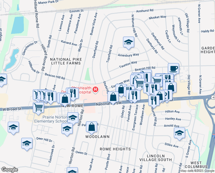 map of restaurants, bars, coffee shops, grocery stores, and more near 88 Sturbridge Road in Columbus