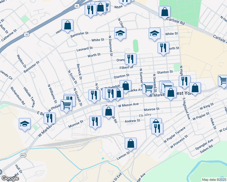 map of restaurants, bars, coffee shops, grocery stores, and more near 45 North Diamond Street in York