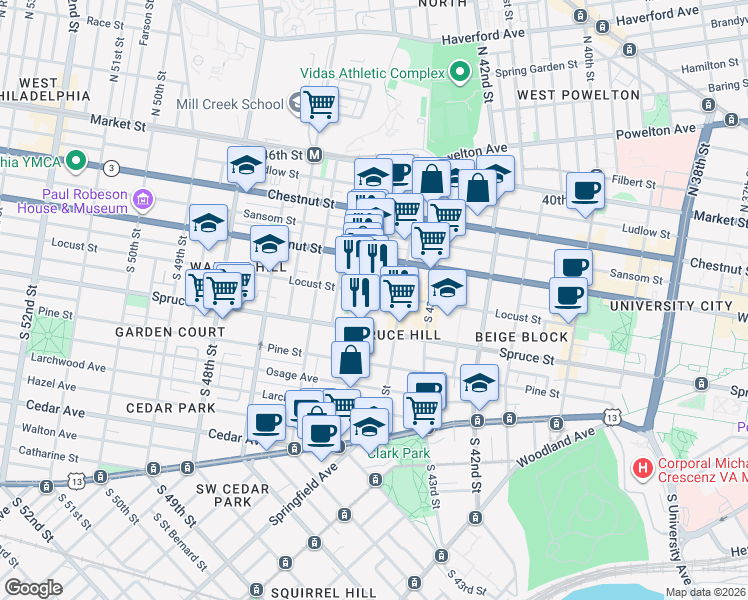 map of restaurants, bars, coffee shops, grocery stores, and more near 4426 Locust Street in Philadelphia
