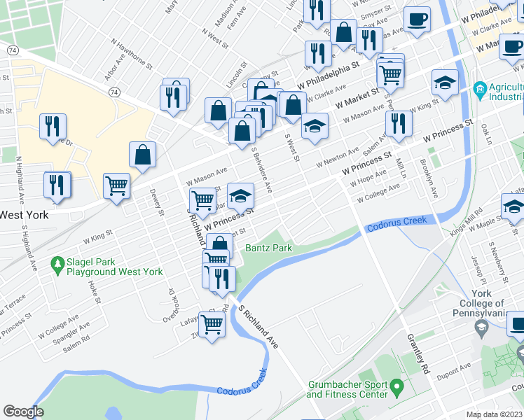 map of restaurants, bars, coffee shops, grocery stores, and more near 732 West Princess Street in York