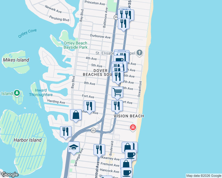 map of restaurants, bars, coffee shops, grocery stores, and more near 1820 Pennsylvania Avenue East in Seaside Heights