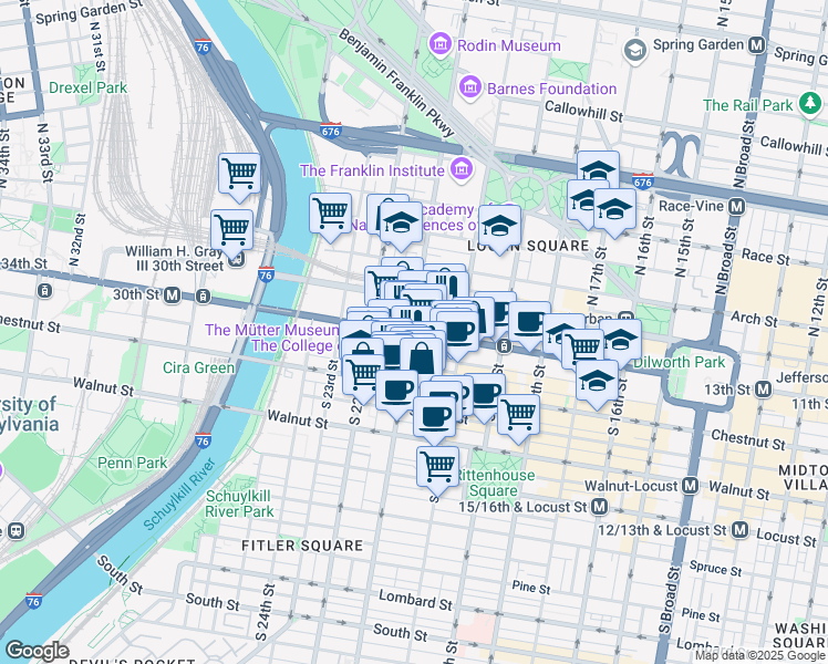 map of restaurants, bars, coffee shops, grocery stores, and more near 1 North 21st Street in Philadelphia