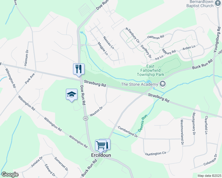map of restaurants, bars, coffee shops, grocery stores, and more near 2560 Strasburg Road in Chester County
