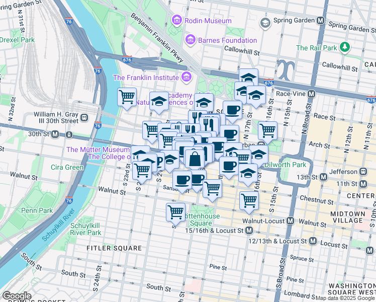 map of restaurants, bars, coffee shops, grocery stores, and more near 1919 Market Street in Philadelphia
