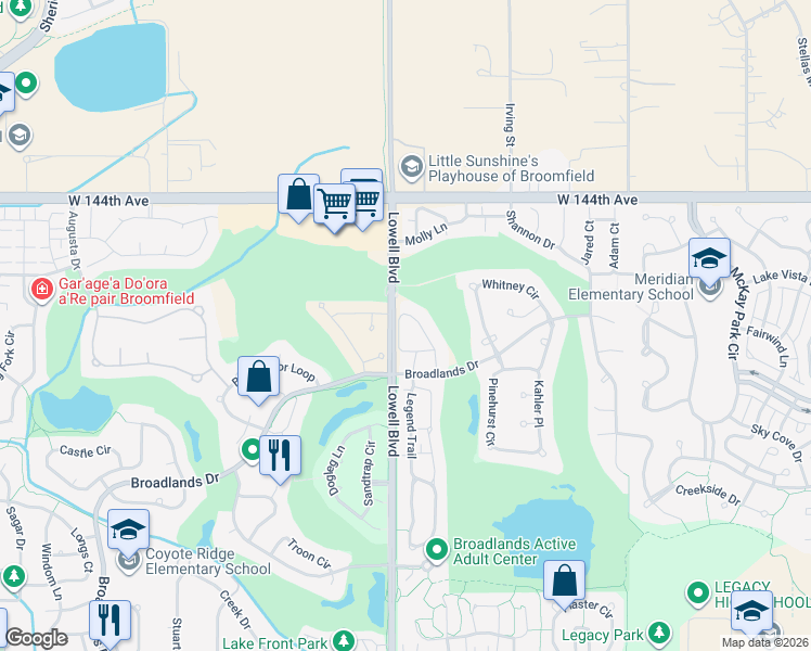 map of restaurants, bars, coffee shops, grocery stores, and more near 3611 Jenny Lane in Broomfield