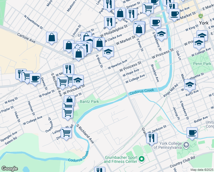 map of restaurants, bars, coffee shops, grocery stores, and more near 601 West College Avenue in York