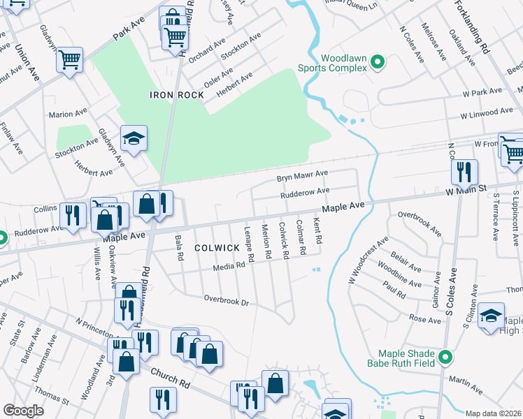map of restaurants, bars, coffee shops, grocery stores, and more near 8323 Maple Avenue in Pennsauken