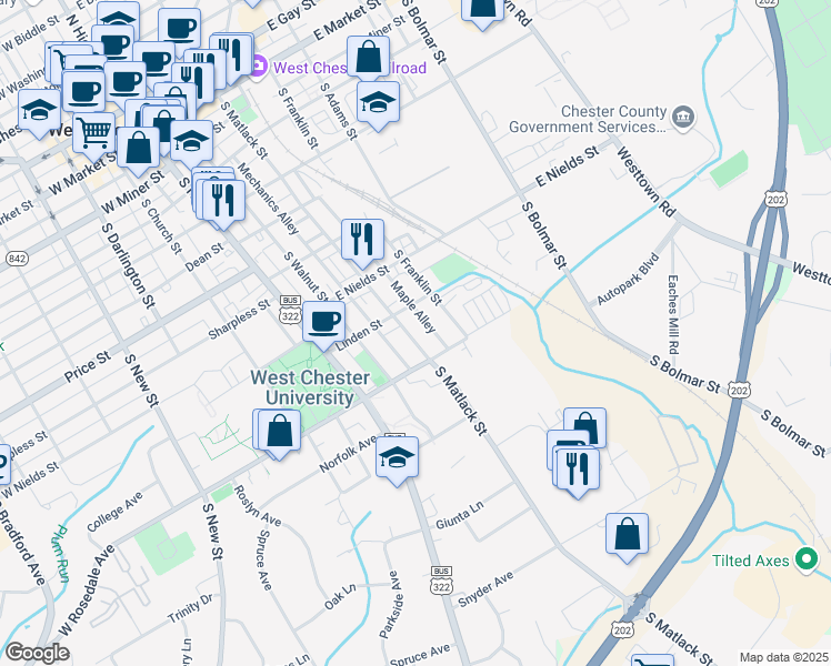 map of restaurants, bars, coffee shops, grocery stores, and more near 737 South Matlack Street in West Chester