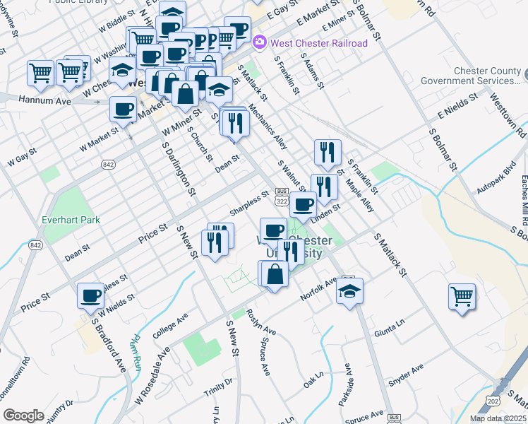 map of restaurants, bars, coffee shops, grocery stores, and more near 650 Reynolds Alley in West Chester