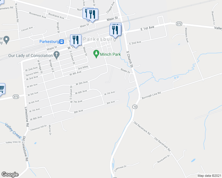 map of restaurants, bars, coffee shops, grocery stores, and more near 305 West 7th Avenue in Parkesburg