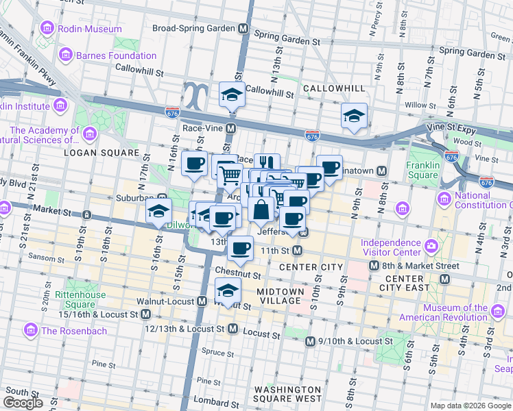 map of restaurants, bars, coffee shops, grocery stores, and more near in Philadelphia