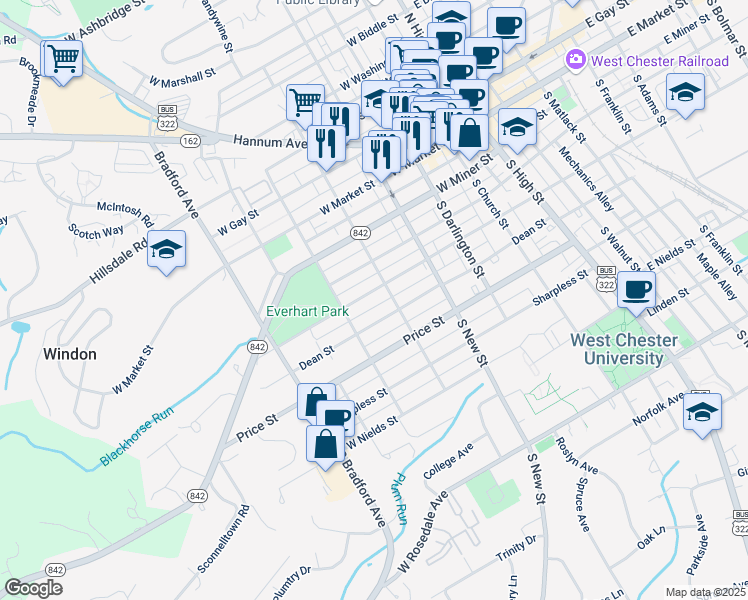 map of restaurants, bars, coffee shops, grocery stores, and more near 410 West Union Street in West Chester