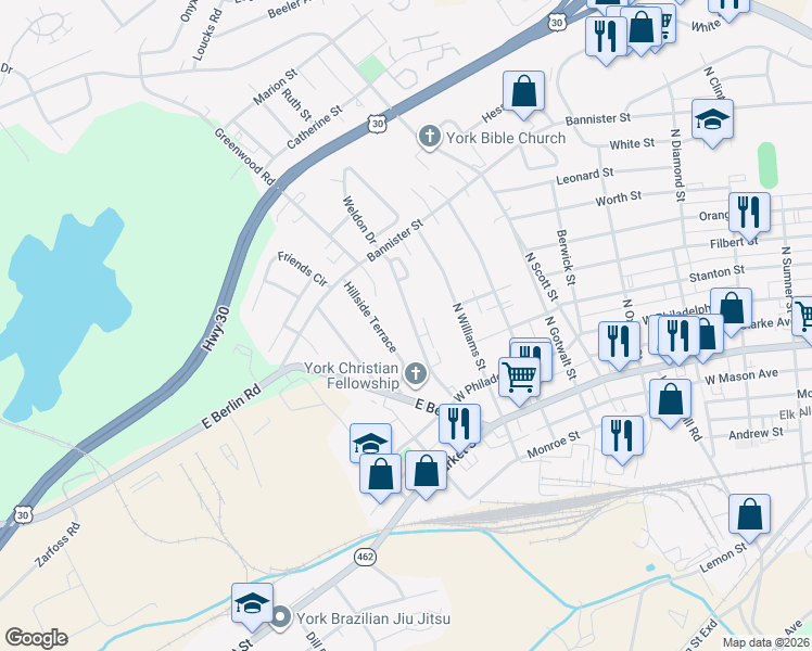 map of restaurants, bars, coffee shops, grocery stores, and more near 164 Weldon Drive in York