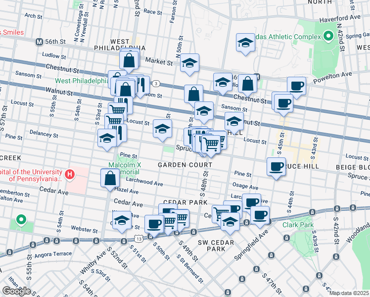 map of restaurants, bars, coffee shops, grocery stores, and more near 4901-09 Spruce Street in Philadelphia