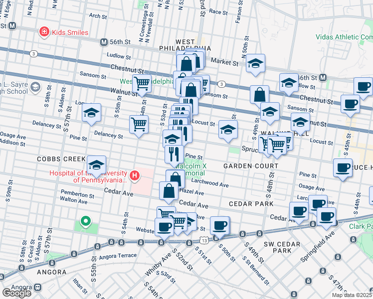 map of restaurants, bars, coffee shops, grocery stores, and more near 5142 Delancey Street in Philadelphia