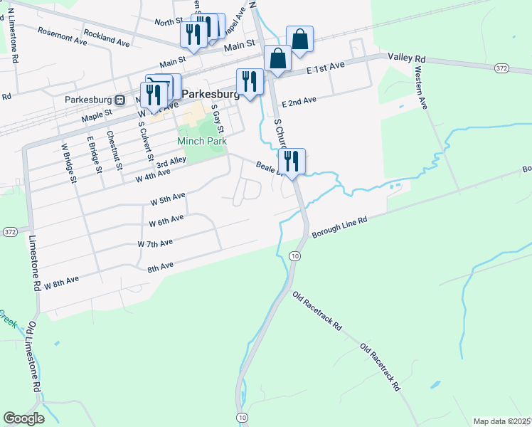 map of restaurants, bars, coffee shops, grocery stores, and more near 206 South Church Street in Parkesburg