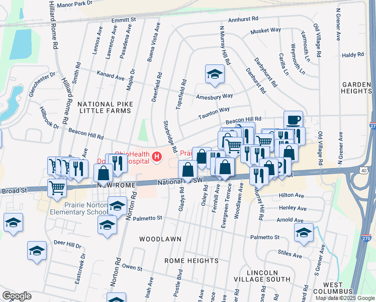 map of restaurants, bars, coffee shops, grocery stores, and more near 4996 Eastham Way in Columbus
