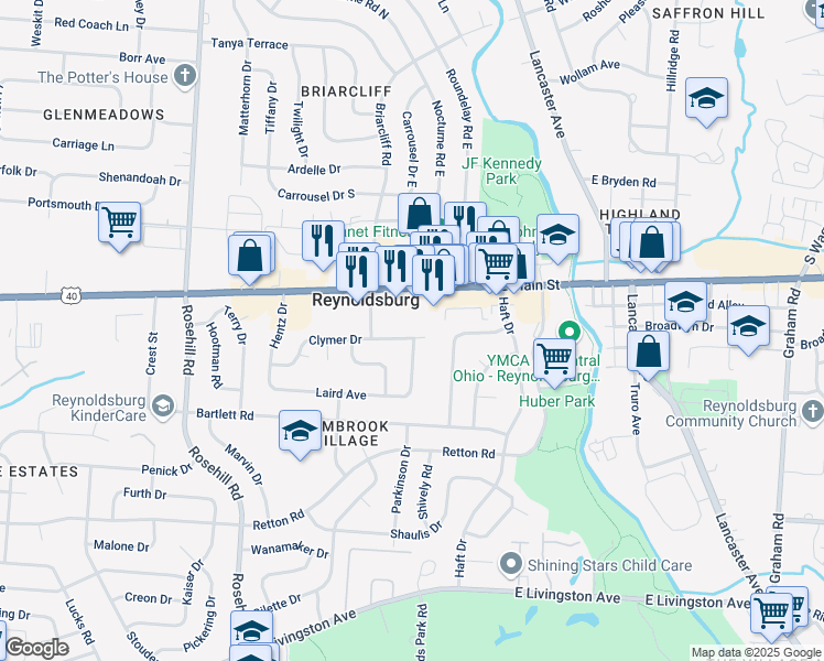 map of restaurants, bars, coffee shops, grocery stores, and more near 6990 Clymer Drive in Reynoldsburg