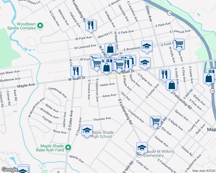 map of restaurants, bars, coffee shops, grocery stores, and more near 32 Helen Avenue in Maple Shade