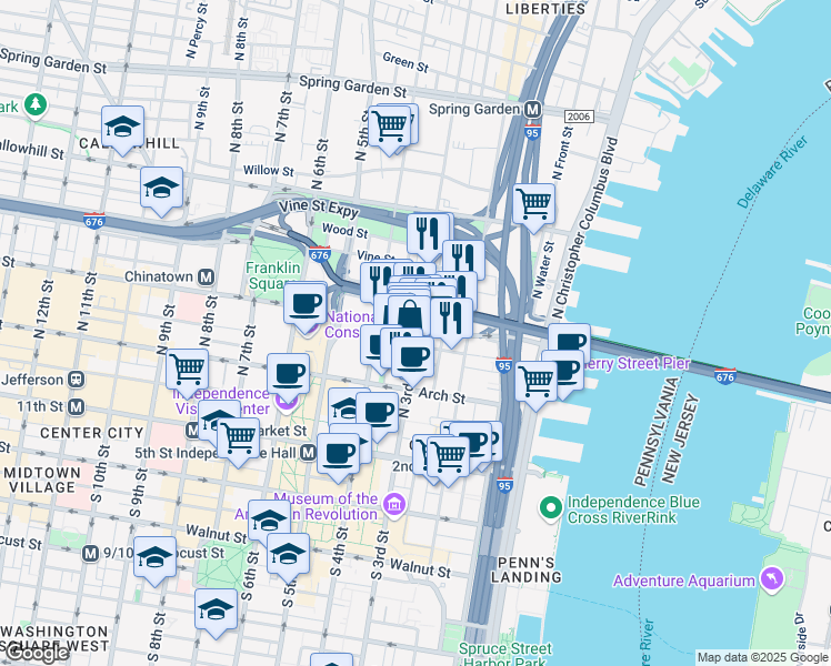 map of restaurants, bars, coffee shops, grocery stores, and more near 302 Race Street in Philadelphia
