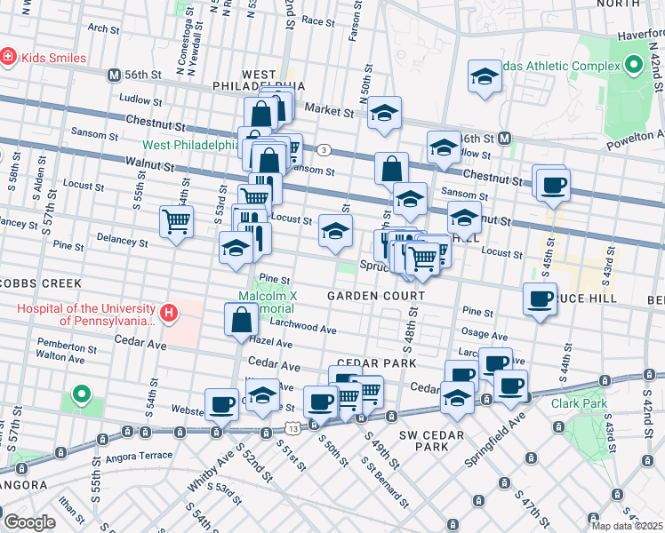 map of restaurants, bars, coffee shops, grocery stores, and more near 5002 Spruce Street in Philadelphia