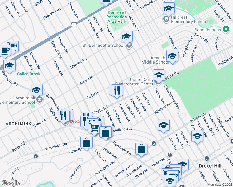map of restaurants, bars, coffee shops, grocery stores, and more near 825 Concord Avenue in Drexel Hill