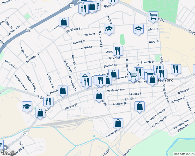map of restaurants, bars, coffee shops, grocery stores, and more near 1972 West Philadelphia Street in York