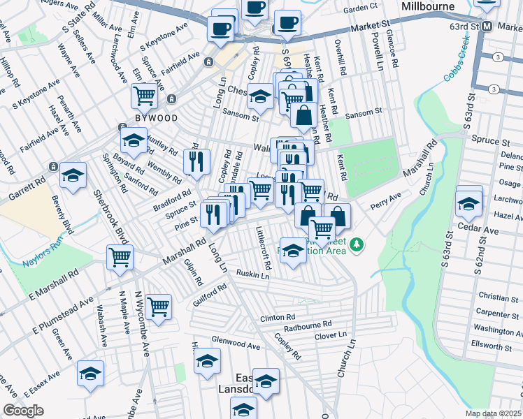 map of restaurants, bars, coffee shops, grocery stores, and more near 7048 Veronica Road in Upper Darby