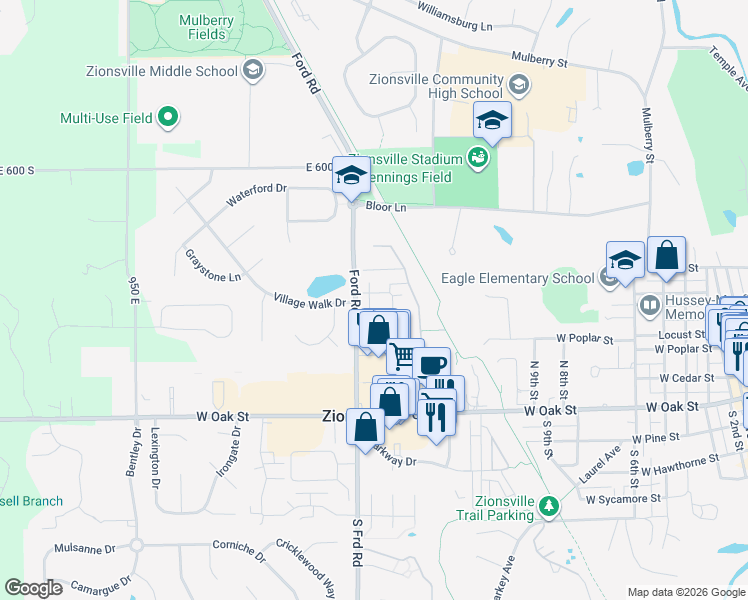 map of restaurants, bars, coffee shops, grocery stores, and more near 137 Kevin Drive in Zionsville