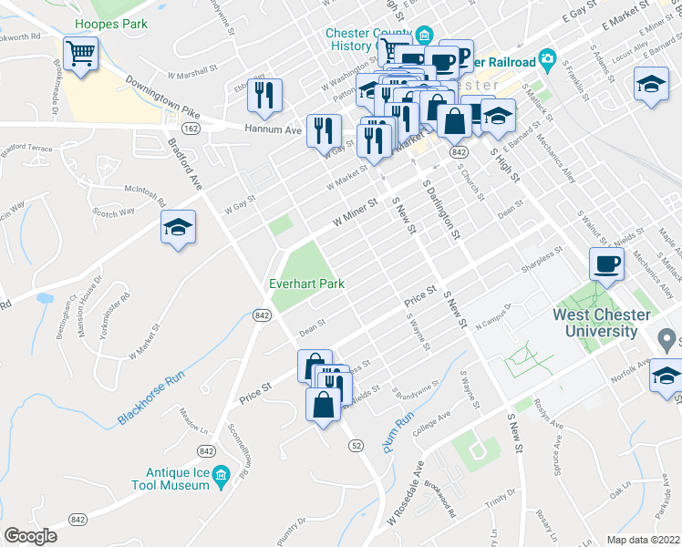 map of restaurants, bars, coffee shops, grocery stores, and more near 429 West Union Street in West Chester