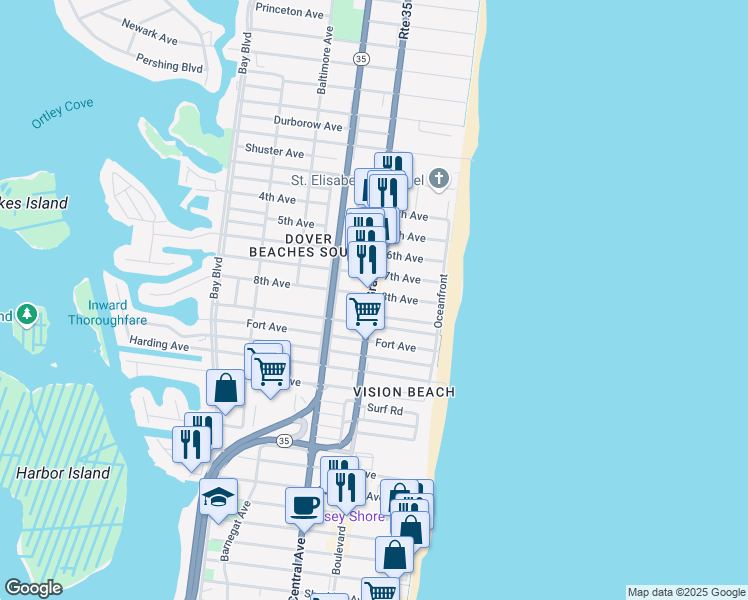 map of restaurants, bars, coffee shops, grocery stores, and more near 1830 Grand Central Avenue in Seaside Heights