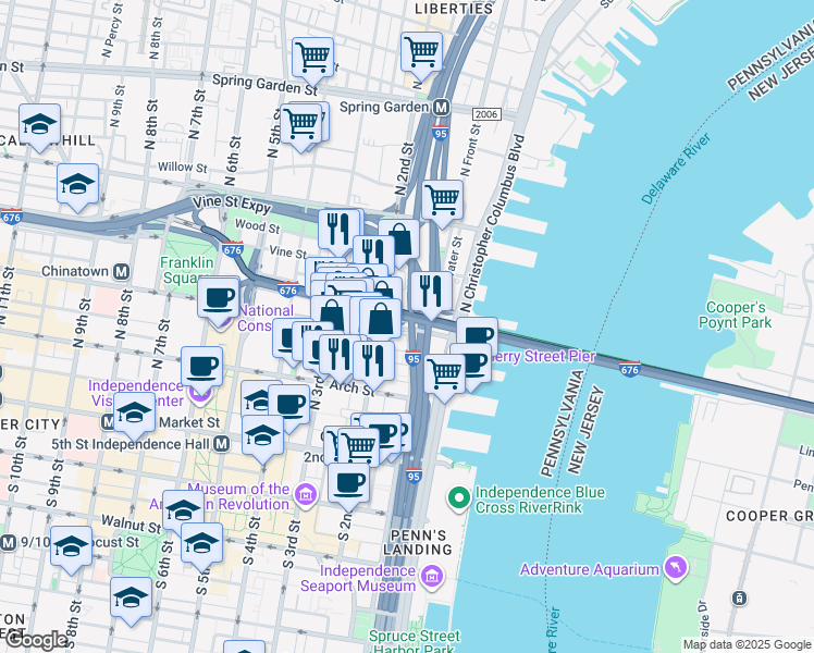 map of restaurants, bars, coffee shops, grocery stores, and more near 209 North 2nd Street in Philadelphia