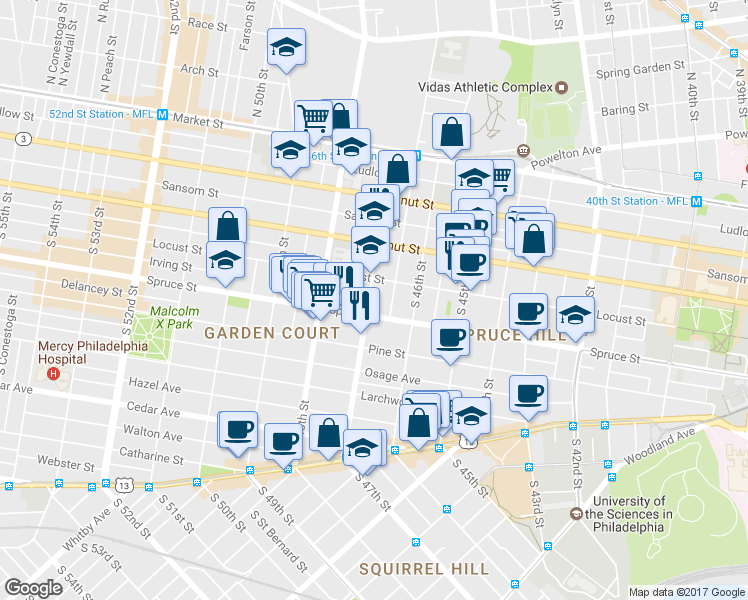 map of restaurants, bars, coffee shops, grocery stores, and more near 4639 Spruce Street in Philadelphia