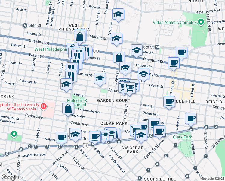 map of restaurants, bars, coffee shops, grocery stores, and more near 4901-09 Spruce Street in Philadelphia