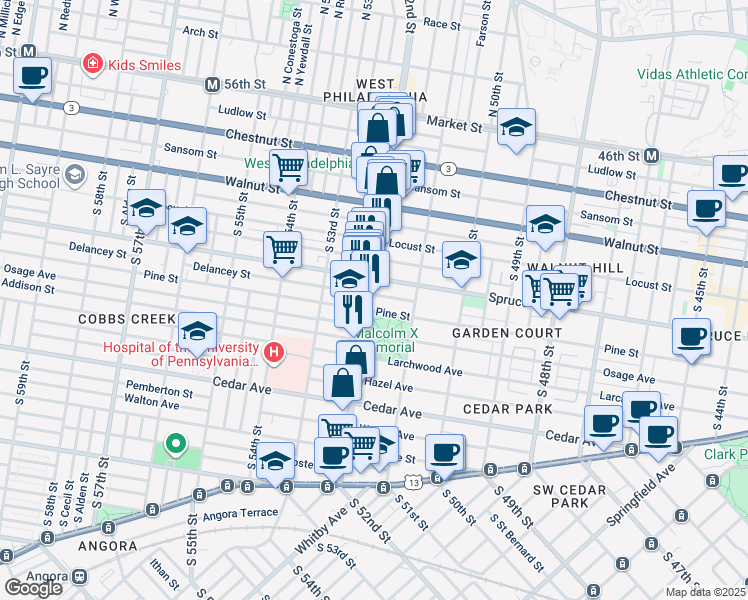 map of restaurants, bars, coffee shops, grocery stores, and more near 319 South 52nd Street in Philadelphia