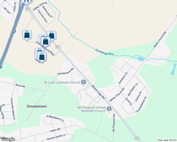 map of restaurants, bars, coffee shops, grocery stores, and more near 2946 Paxton Court in Chambersburg