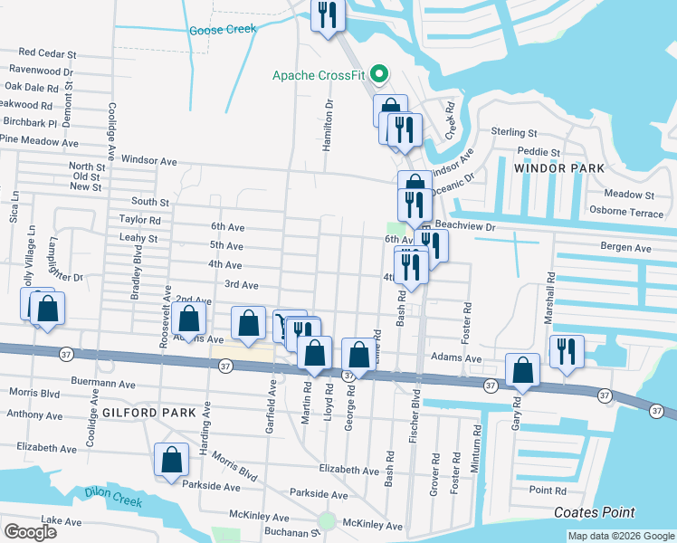 map of restaurants, bars, coffee shops, grocery stores, and more near 550 Lloyd Road in Toms River