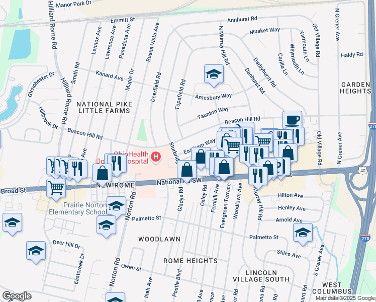 map of restaurants, bars, coffee shops, grocery stores, and more near 4992 Eastham Way in Columbus