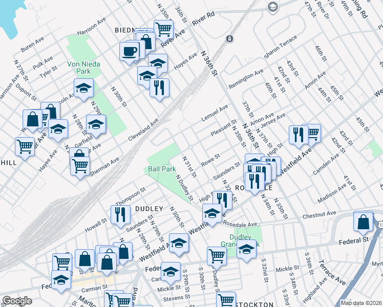 map of restaurants, bars, coffee shops, grocery stores, and more near 529 Beideman Avenue in Camden