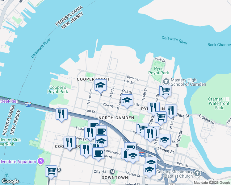 map of restaurants, bars, coffee shops, grocery stores, and more near 832 North 3rd Street in Camden