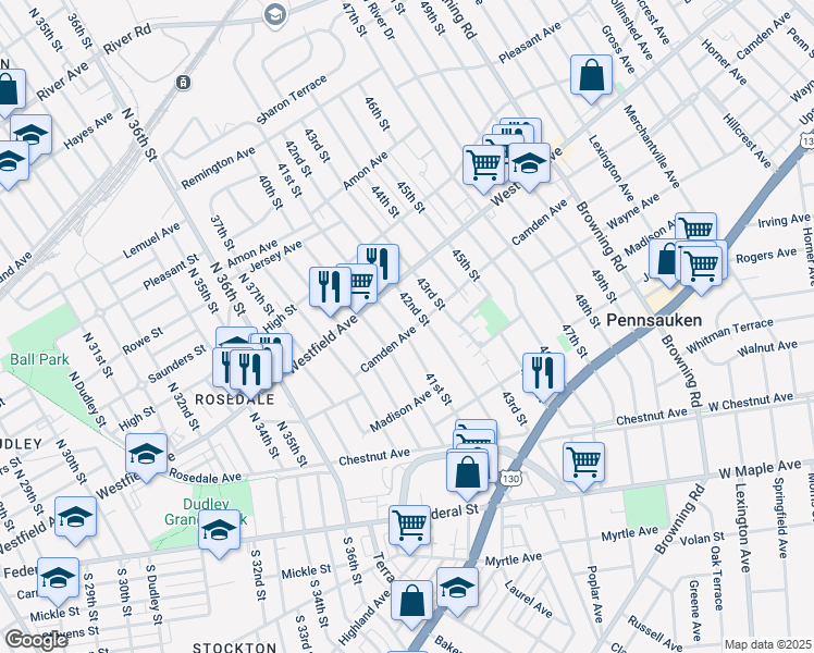 map of restaurants, bars, coffee shops, grocery stores, and more near 4105 Camden Avenue in Pennsauken Township