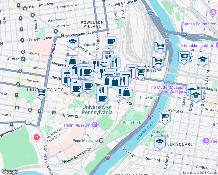 map of restaurants, bars, coffee shops, grocery stores, and more near 3200 Chestnut Street in Philadelphia