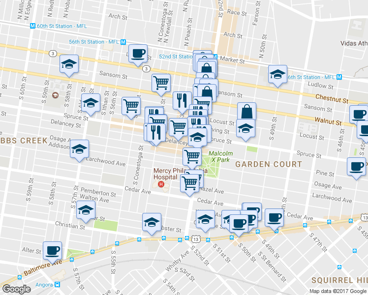 map of restaurants, bars, coffee shops, grocery stores, and more near 5243 Pine Street in Philadelphia