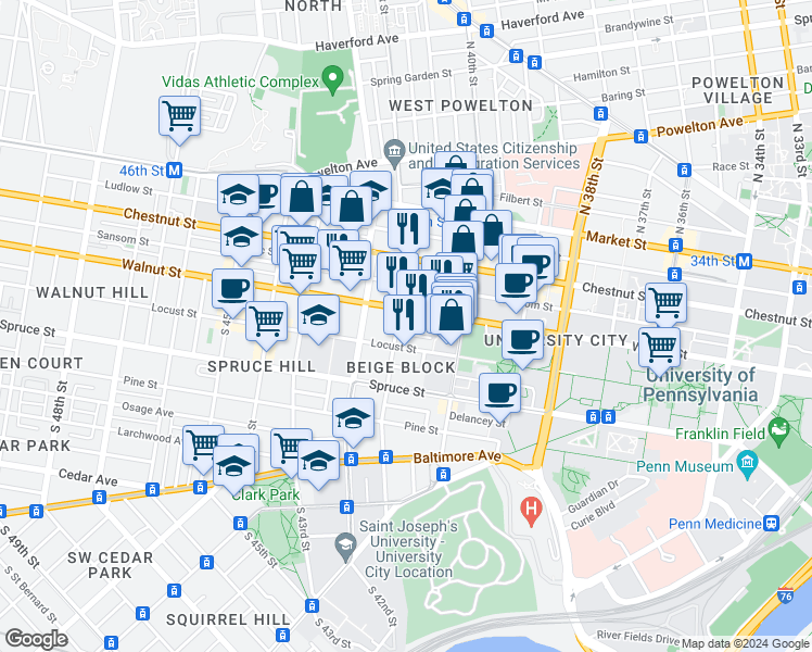 map of restaurants, bars, coffee shops, grocery stores, and more near 213 South 41st Street in Philadelphia