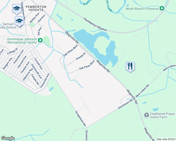 map of restaurants, bars, coffee shops, grocery stores, and more near 145 Oak Pines Boulevard in Pemberton