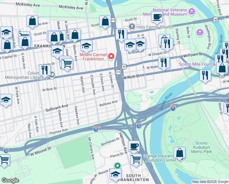 map of restaurants, bars, coffee shops, grocery stores, and more near 726 Sullivant Avenue in Columbus