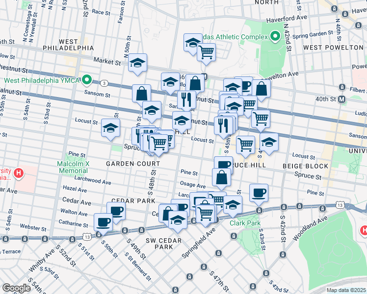 map of restaurants, bars, coffee shops, grocery stores, and more near 4639 Spruce Street in Philadelphia