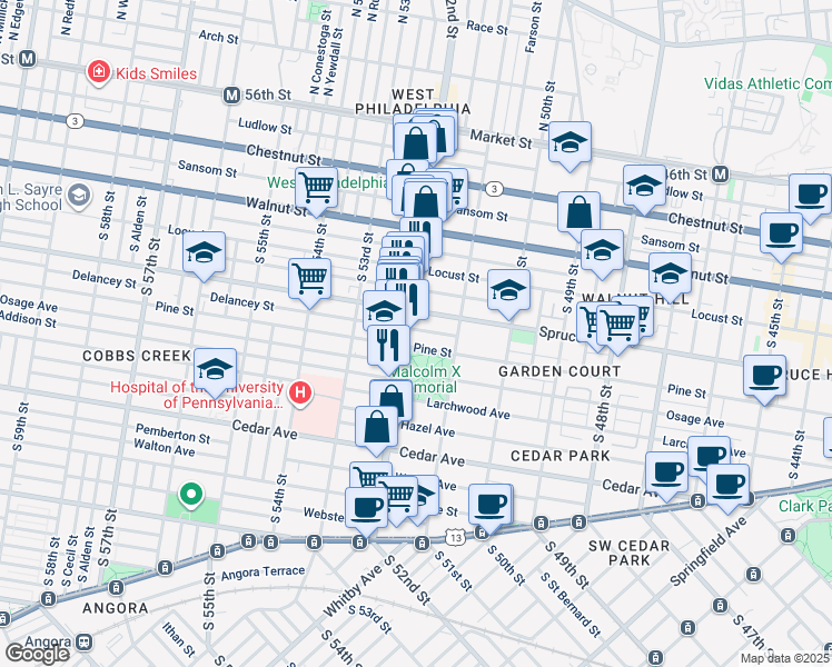 map of restaurants, bars, coffee shops, grocery stores, and more near 5142 Delancey Street in Philadelphia