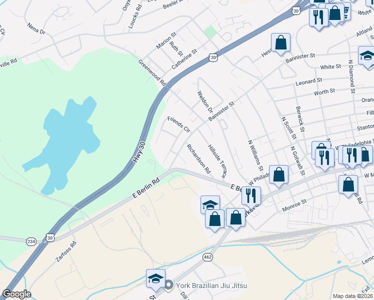 map of restaurants, bars, coffee shops, grocery stores, and more near 460 Richardson Rd in York