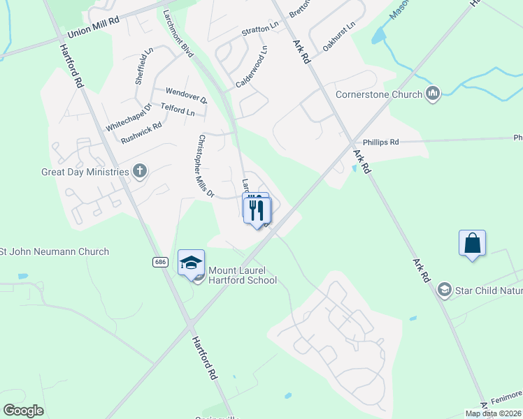 map of restaurants, bars, coffee shops, grocery stores, and more near 1803A Ralston Drive in Mount Laurel Township